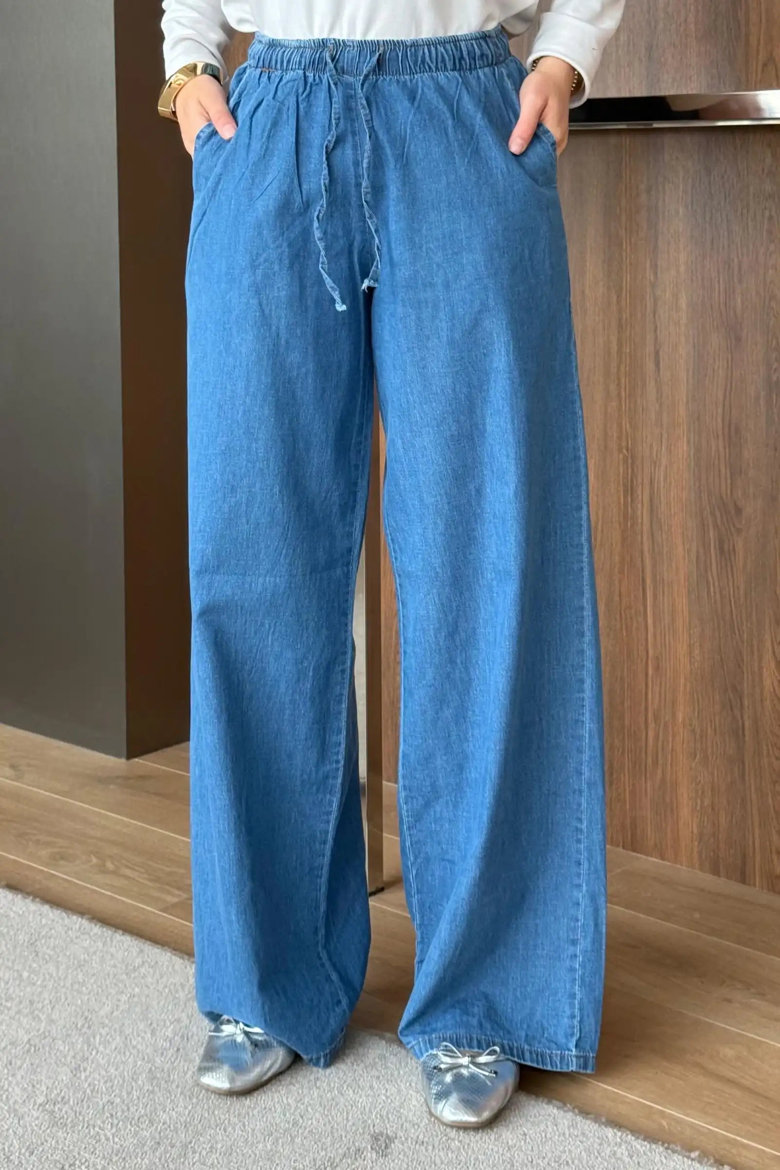 Bel Lastikli Bol Paça Denim Pantolon Ürün ana görseli