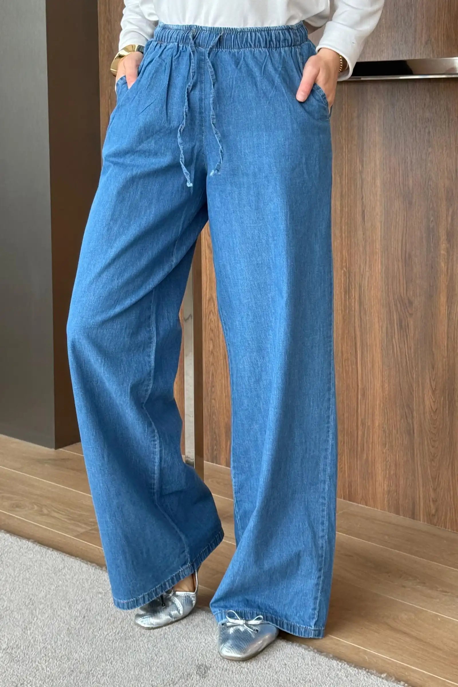 Bel Lastikli Bol Paça Denim Pantolon Ürün ikincil görseli