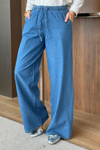 Bel Lastikli Bol Paça Denim Pantolon