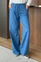 Bel Lastikli Bol Paça Denim Pantolon
