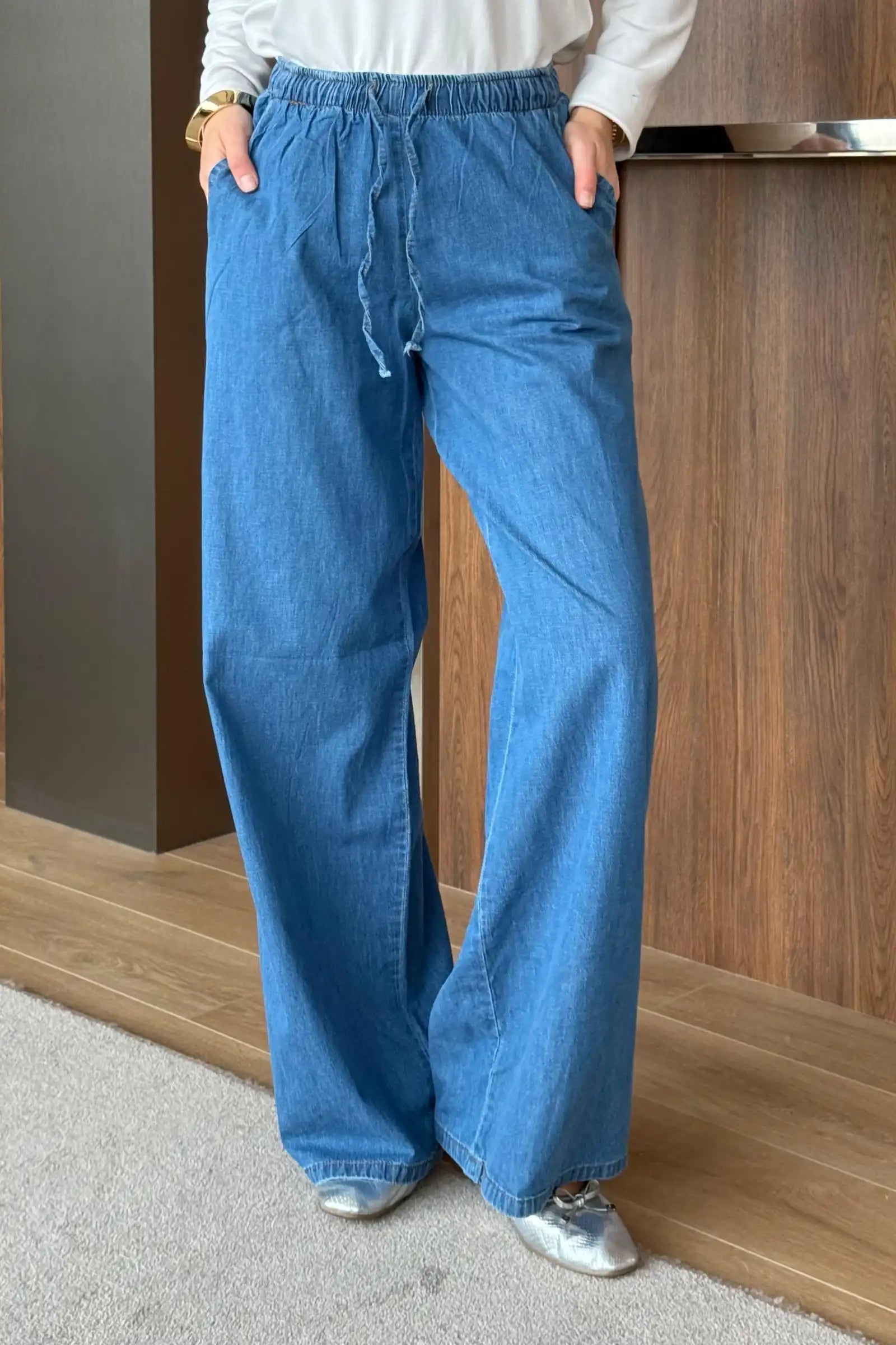 Bel Lastikli Bol Paça Denim Pantolon