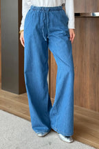 Bel Lastikli Bol Paça Denim Pantolon