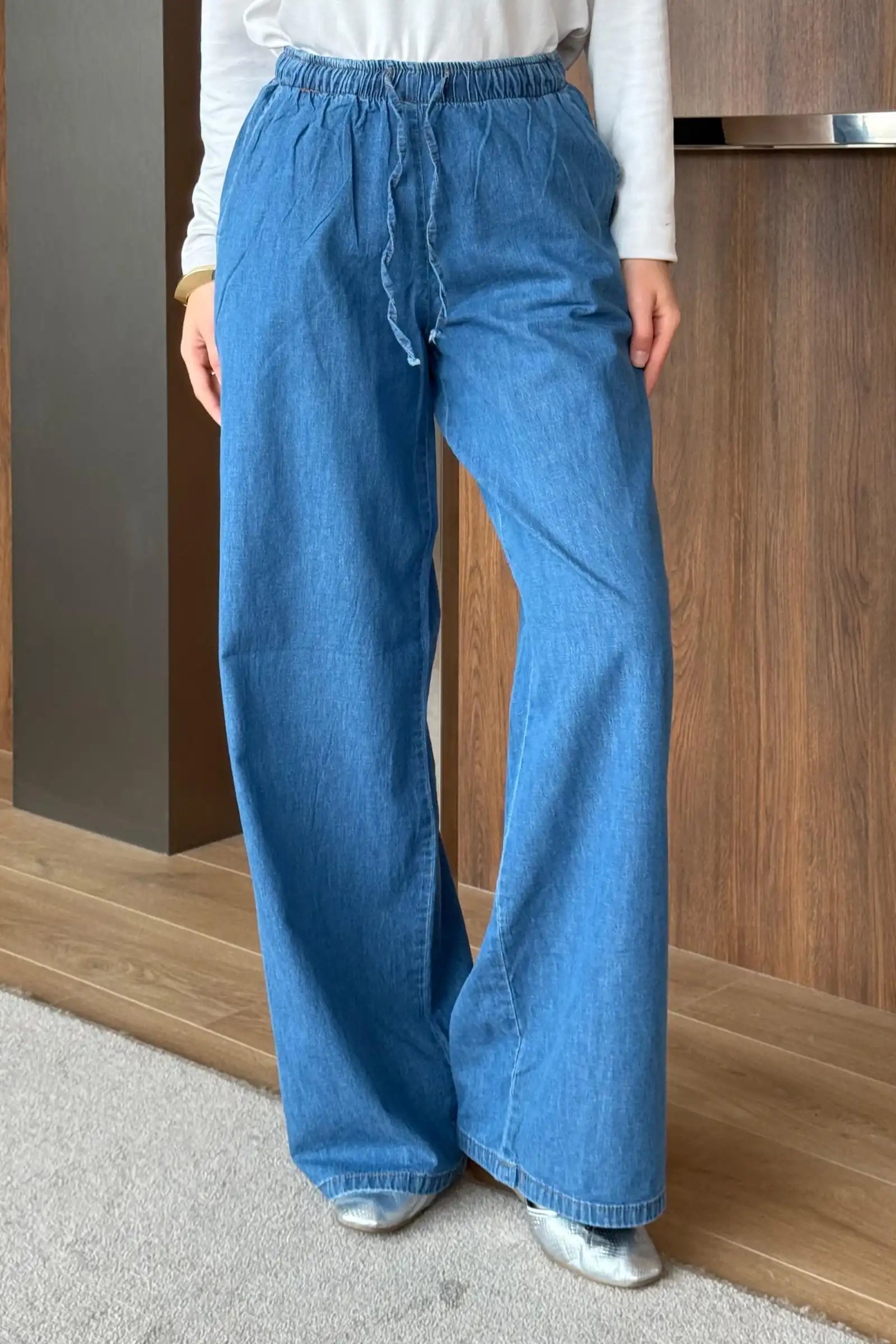 Bel Lastikli Bol Paça Denim Pantolon