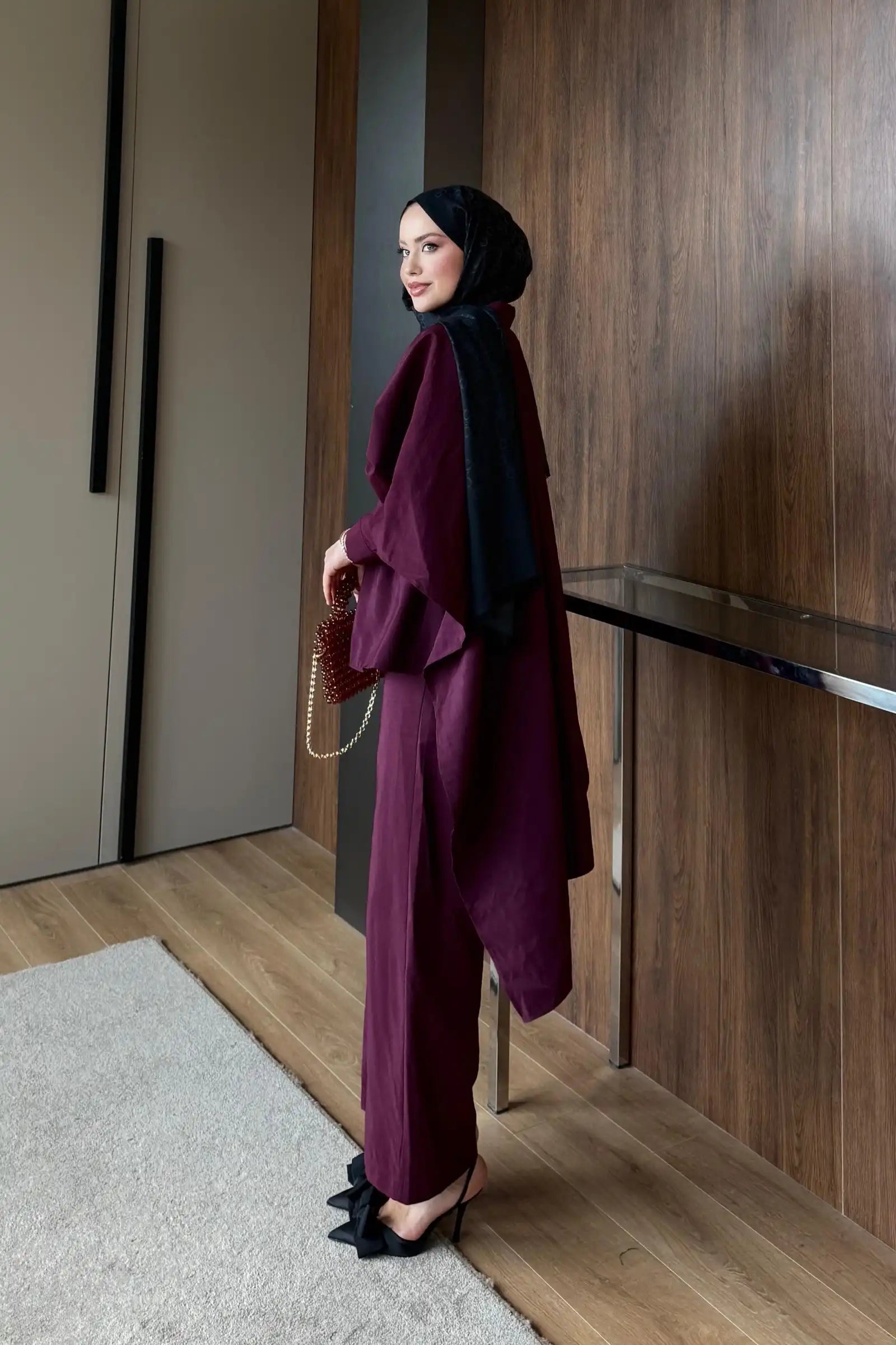Bordo Pelerin Etkili Büzgü Detaylı İkili Takım