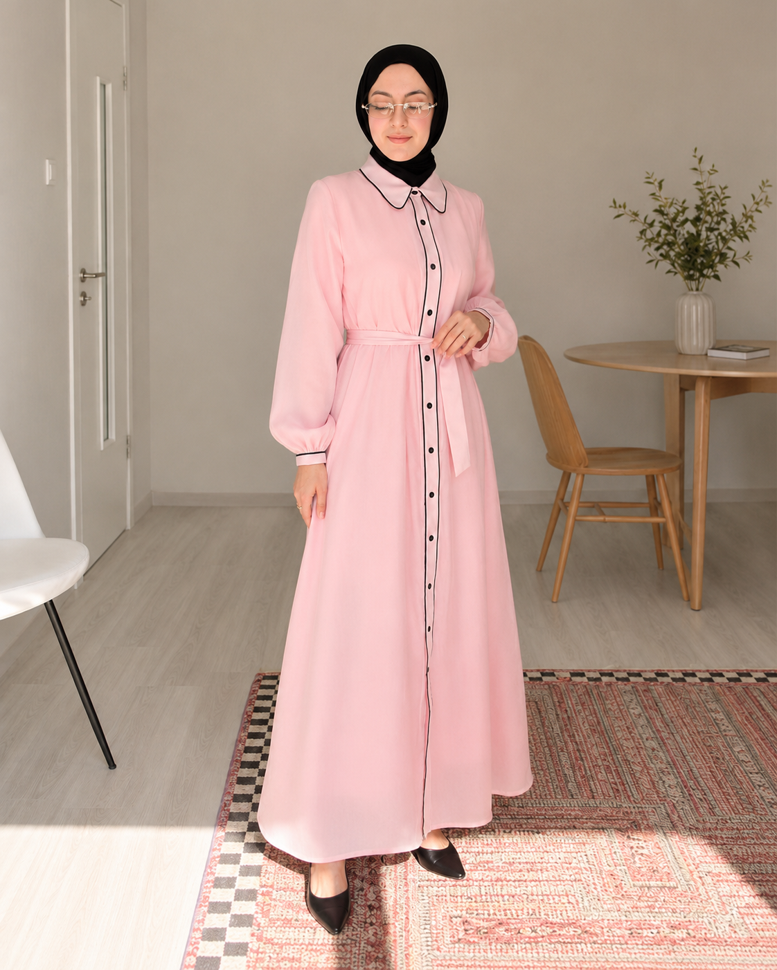 Pembe Biye Detaylı Astarlı Vual Elbise Ürün ikincil görseli