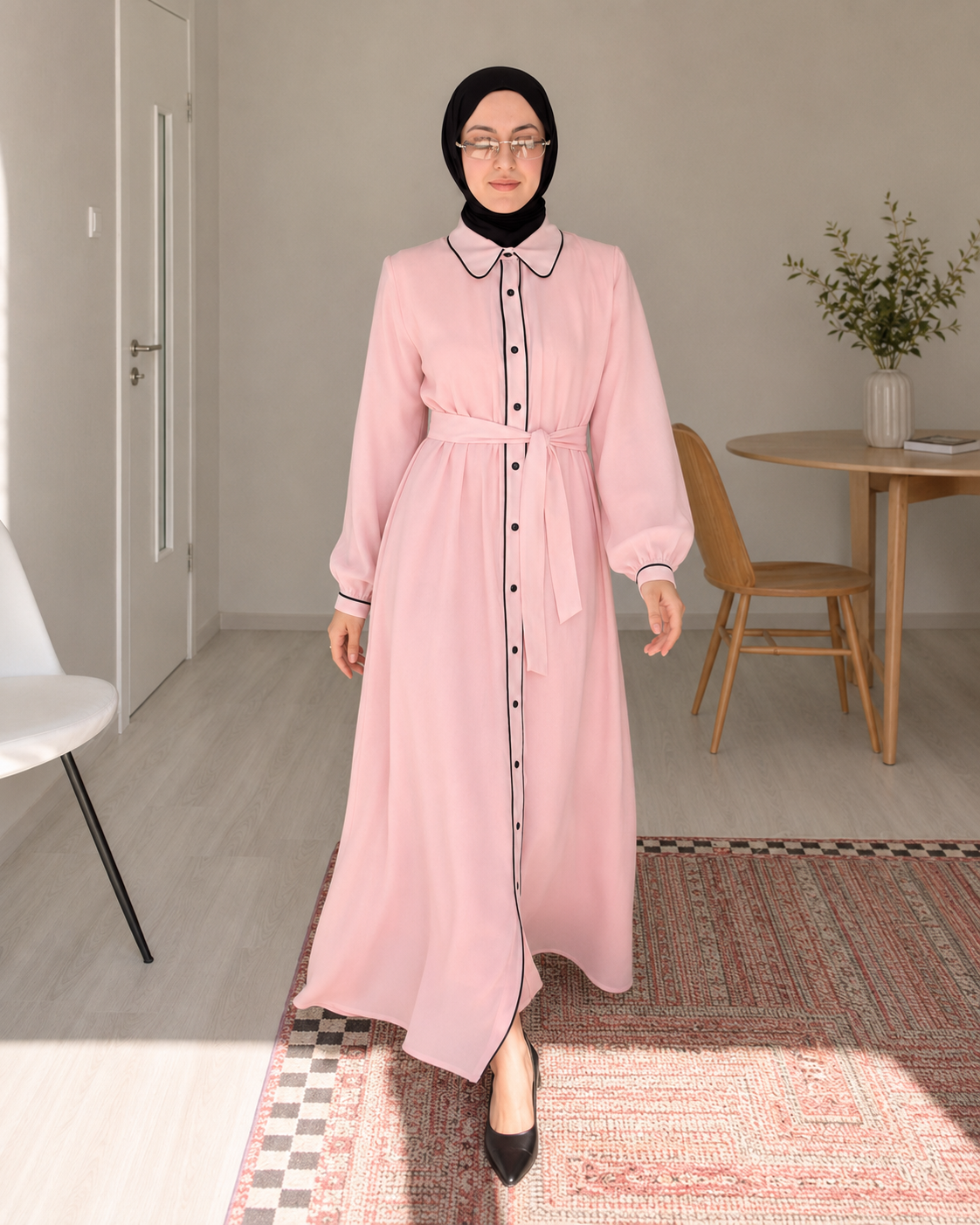 Pembe Biye Detaylı Astarlı Vual Elbise