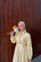Sarı Siyah Biye Detaylı Astarlı Vual Elbise