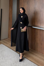 Siyah Asimetrik Drape ve Gold Broş Detaylı Elbise