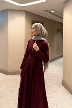 Bordo Fermuar Detaylı Kuşaklı Elbise