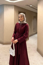Bordo Fermuar Detaylı Kuşaklı Elbise
