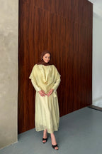 Sarı Gold Halka Detaylı Drapeli Vual Elbise