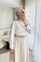 Bej Gömlekli Kemerli Elbise