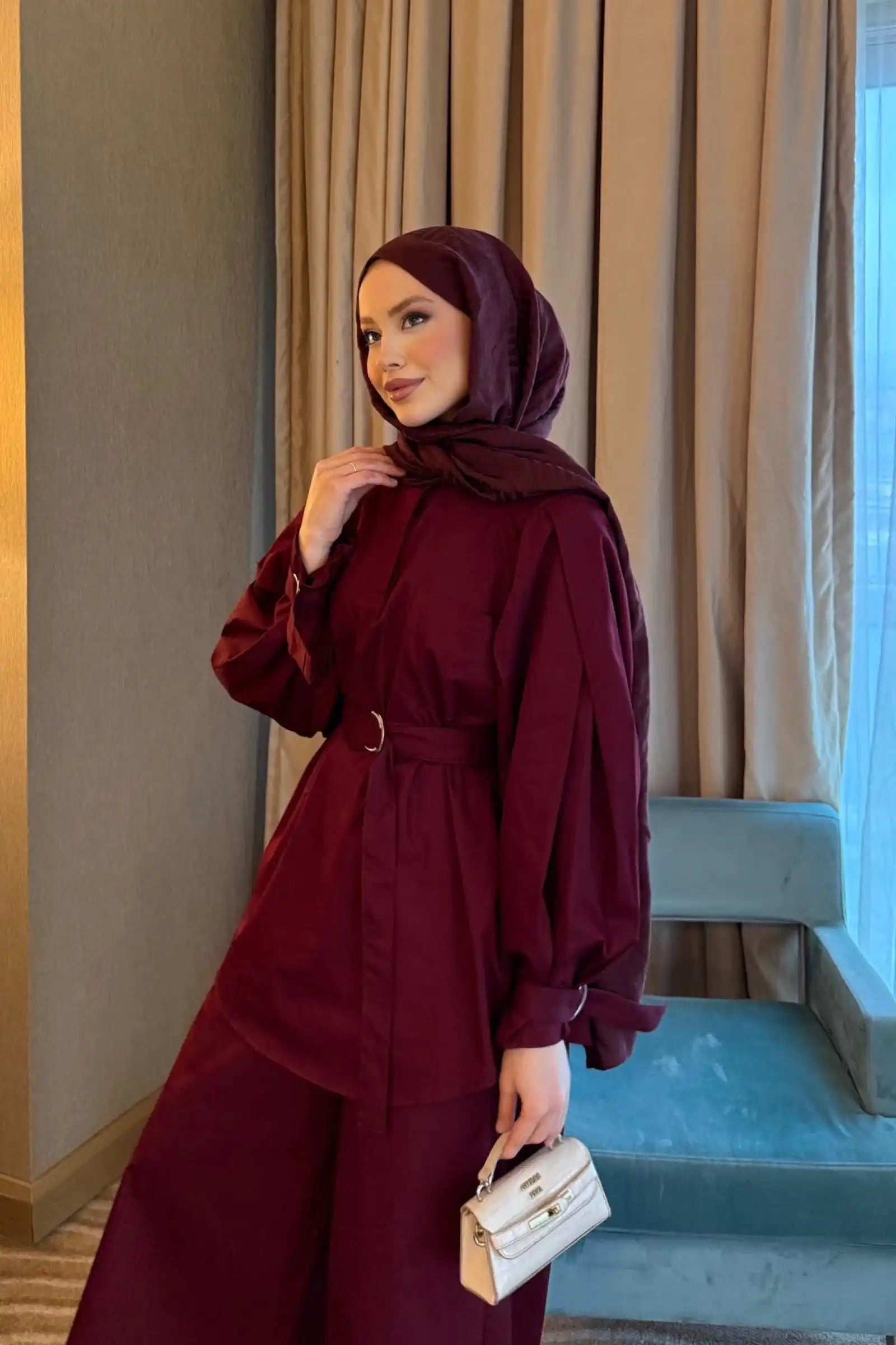 Balon Kol Kemerli İkili Takım - Bordo
