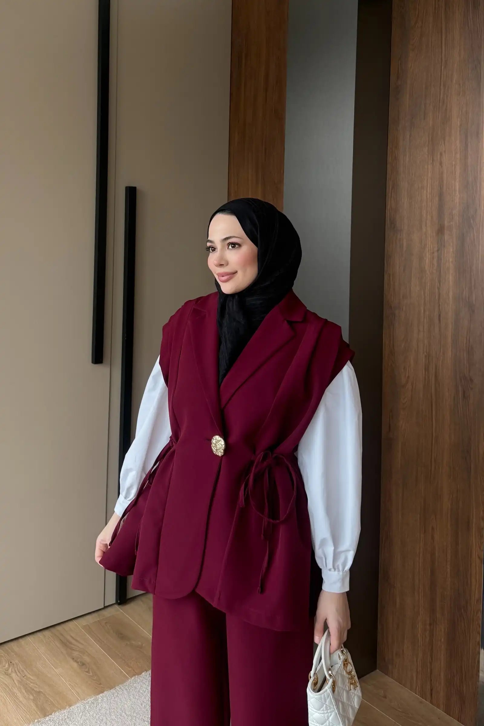 Bordo Yandan Bağcıklı Gold Düğme Detaylı İkili Takım