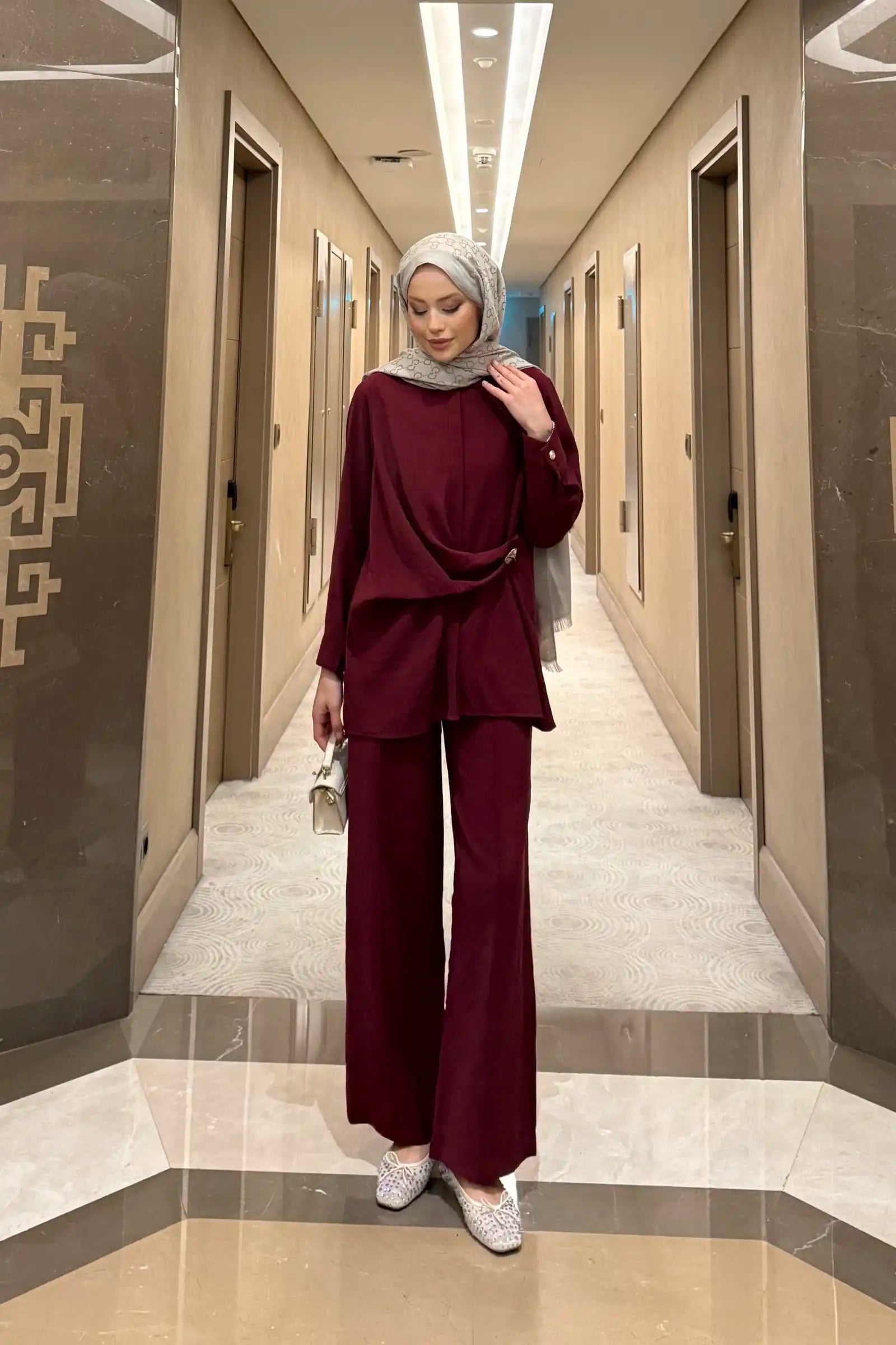 Bordo Düğme Detaylı Gömlek Pantolon Takım