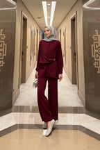 Bordo Düğme Detaylı Gömlek Pantolon Takım