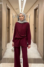 Bordo Düğme Detaylı Gömlek Pantolon Takım