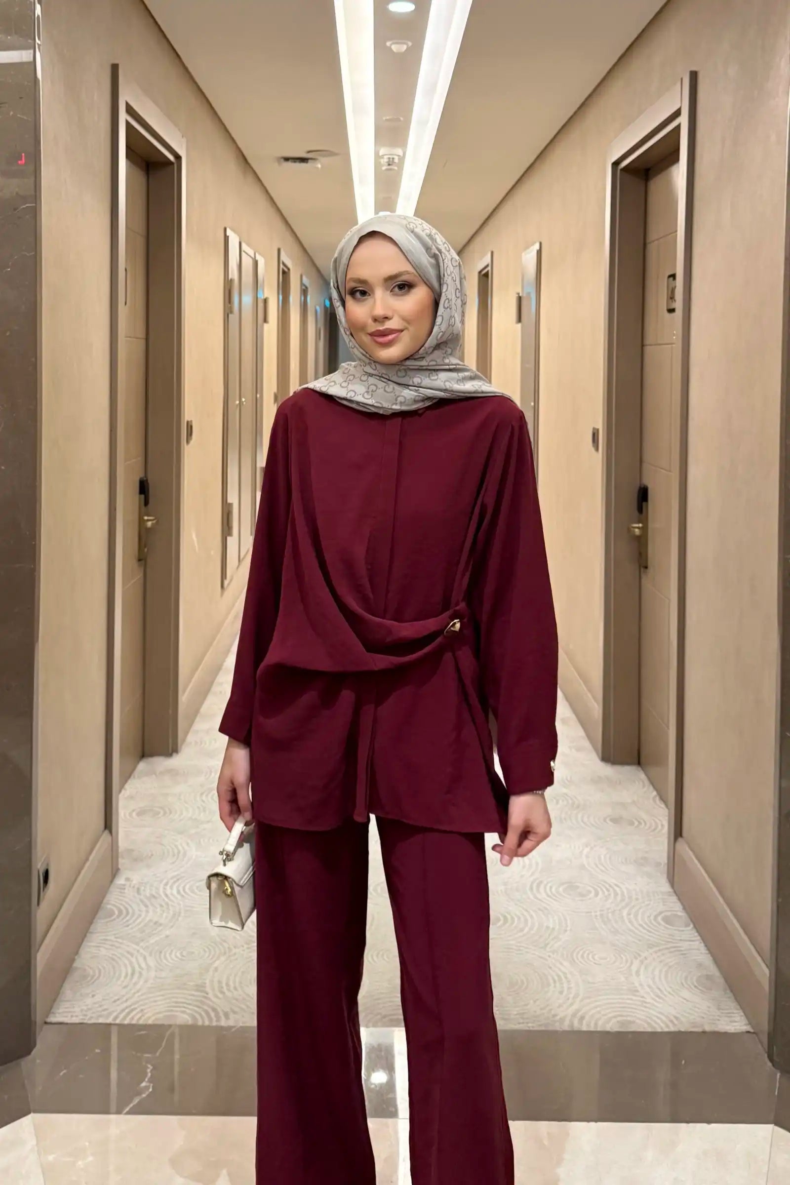 Bordo Düğme Detaylı Gömlek Pantolon Takım