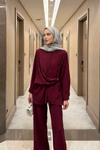 Bordo Düğme Detaylı Gömlek Pantolon Takım