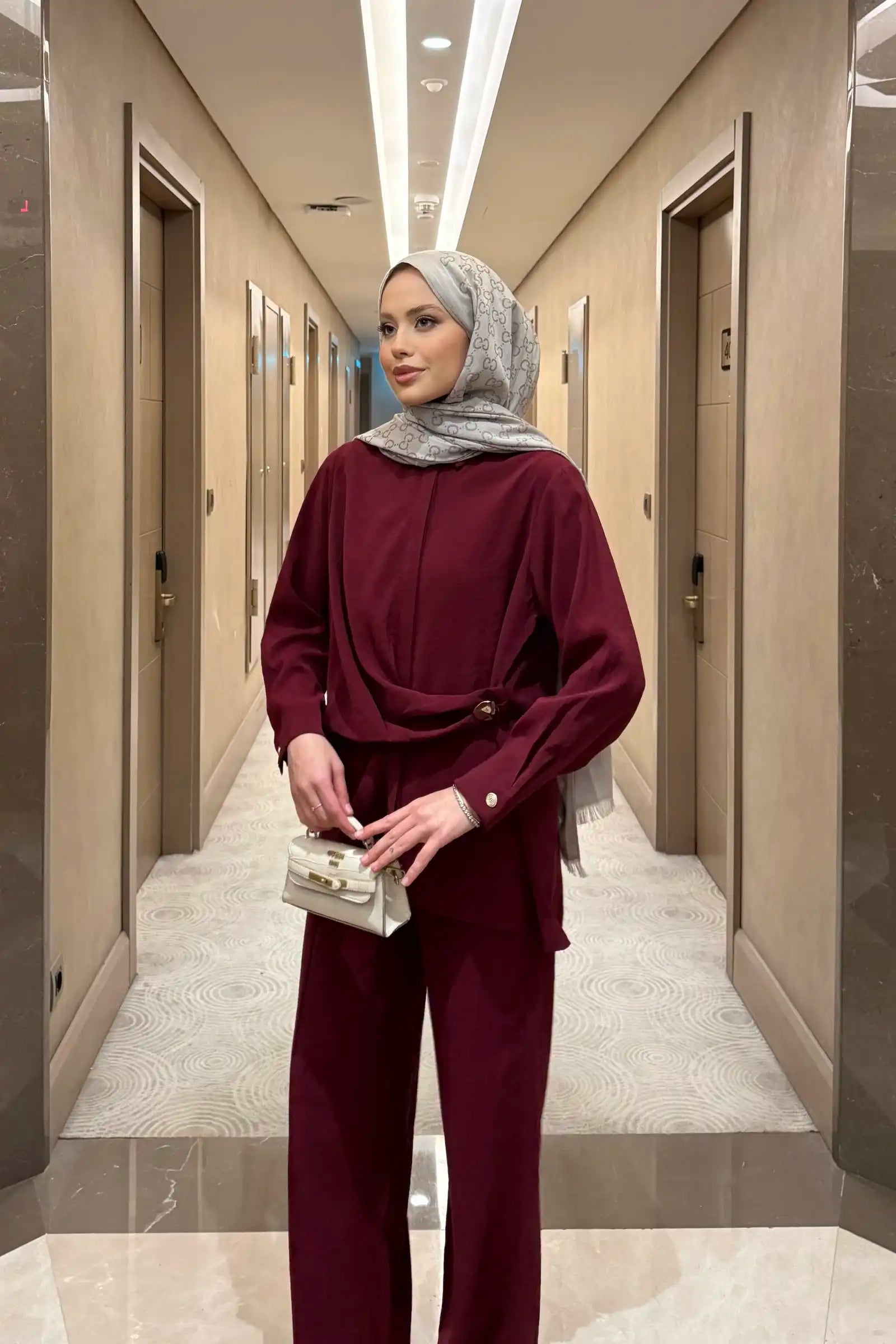 Bordo Düğme Detaylı Gömlek Pantolon Takım