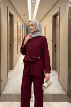 Bordo Düğme Detaylı Gömlek Pantolon Takım