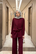 Bordo Düğme Detaylı Gömlek Pantolon Takım