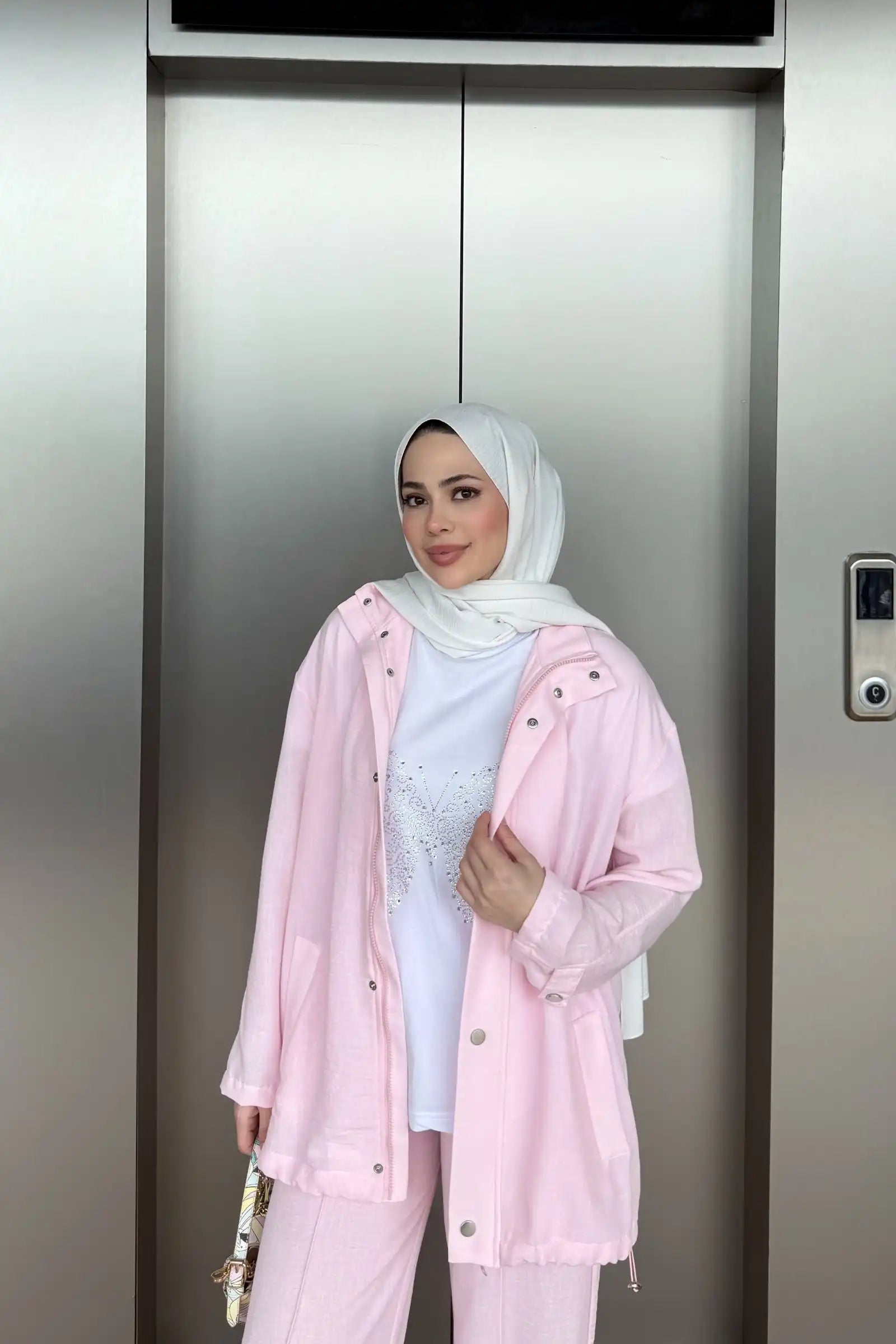 Pembe Dokulu Ceketli Üçlü Takım