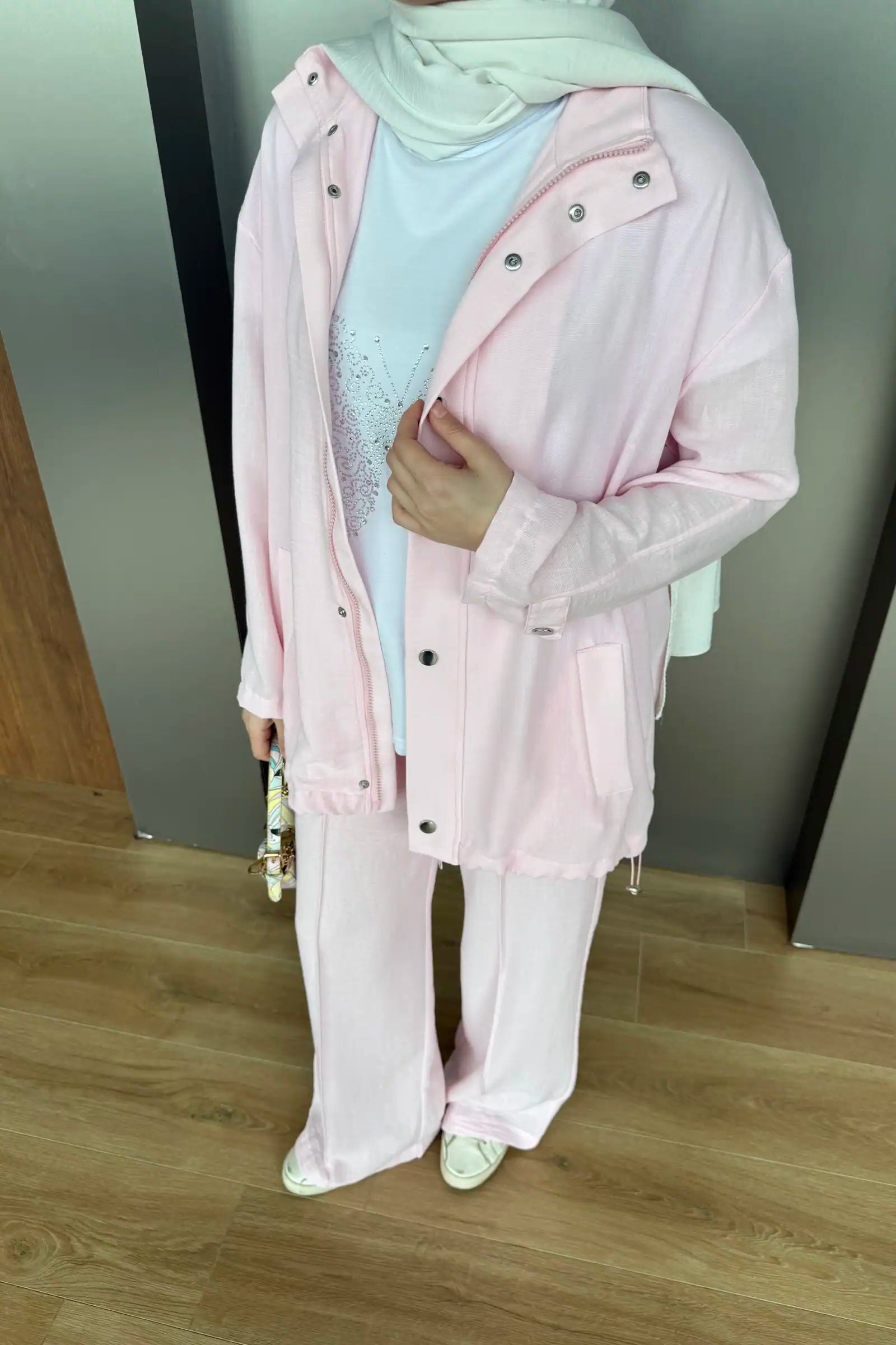 Pembe Dokulu Ceketli Üçlü Takım