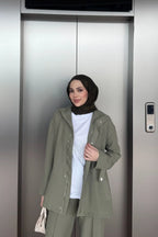 Çağla Yeşili Dokulu Ceketli Üçlü Takım