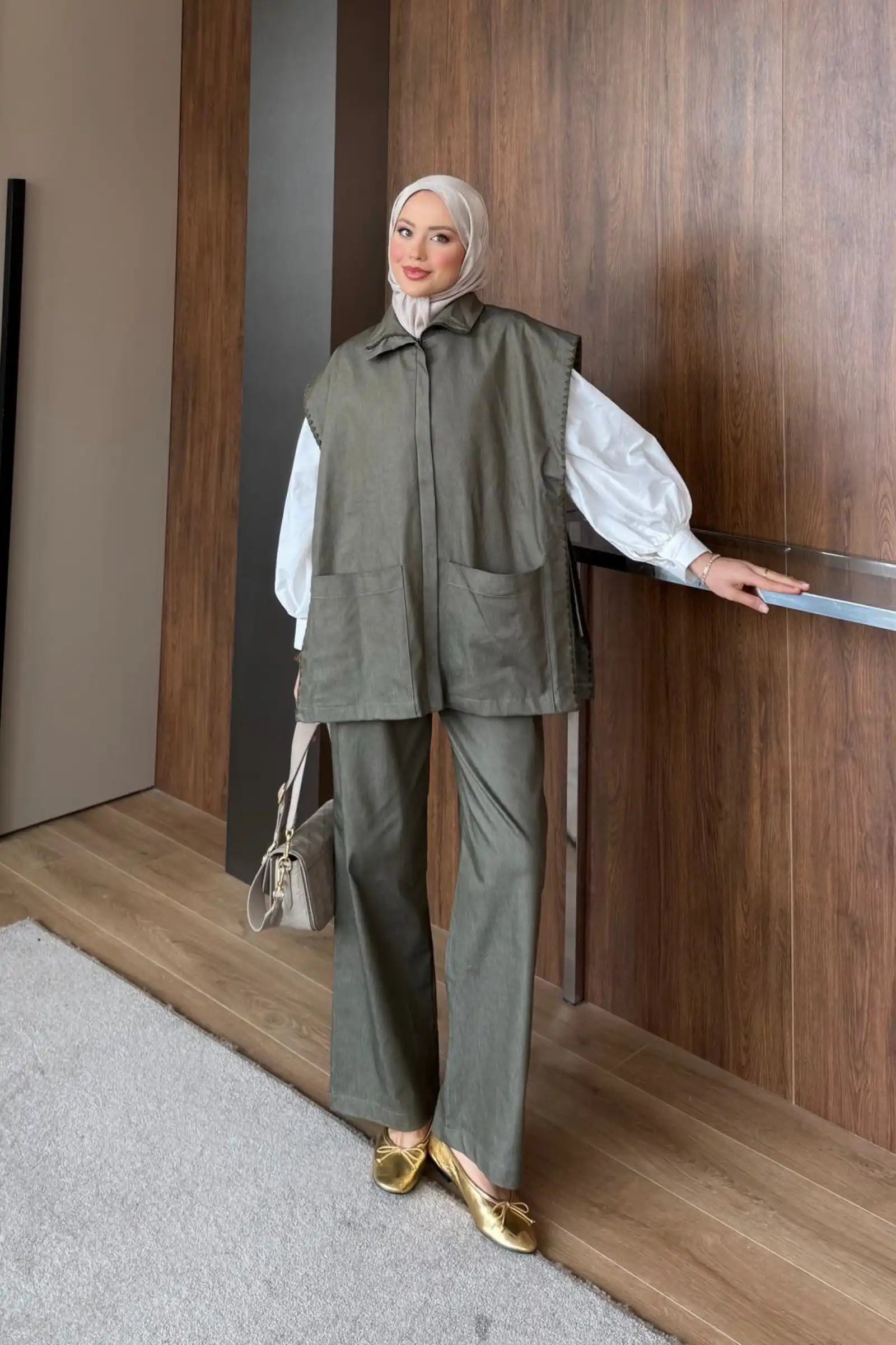Haki Fermuar Detaylı Zikzak Nakışlı Denim İkili Takım