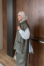 Haki Fermuar Detaylı Zikzak Nakışlı Denim İkili Takım