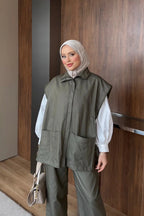 Haki Fermuar Detaylı Zikzak Nakışlı Denim İkili Takım