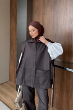 Kahverengi Fermuar Detaylı Zikzak Nakışlı Denim İkili Takım