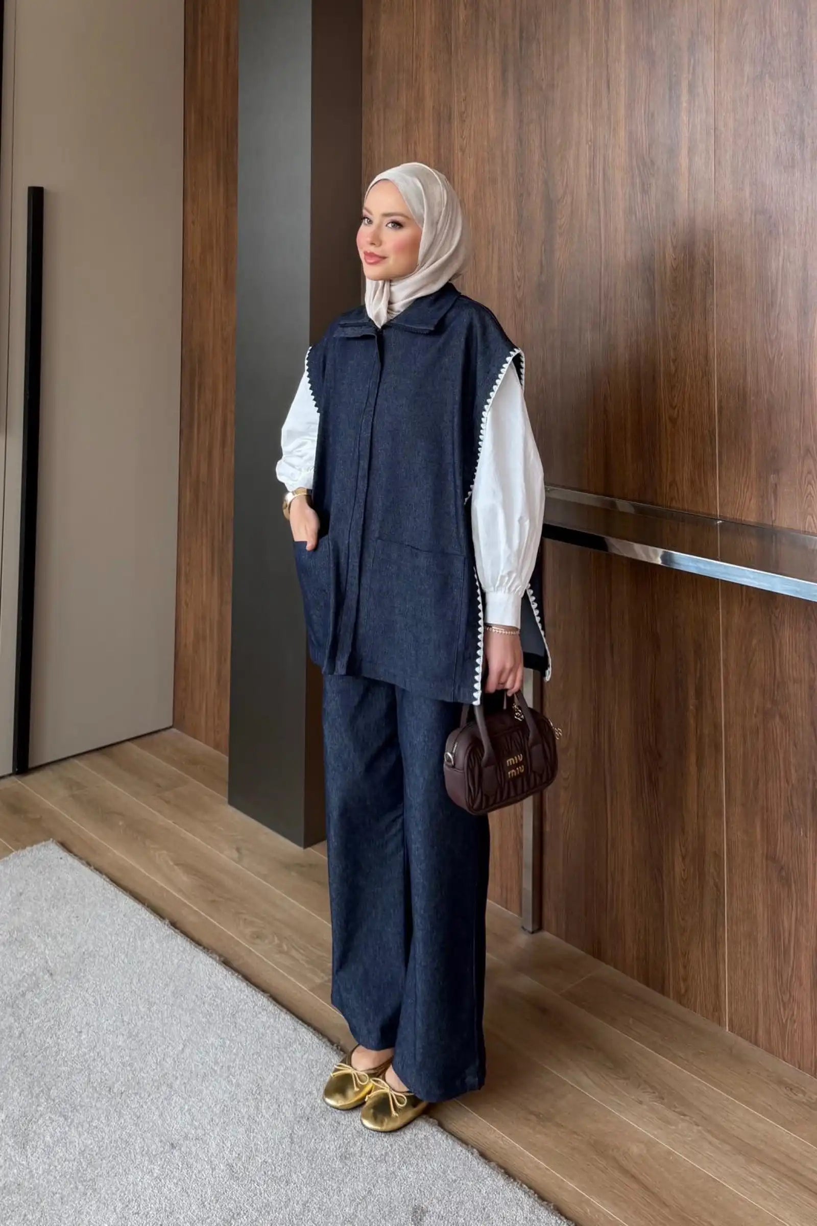 Lacivert Fermuar Detaylı Zikzak Nakışlı Denim İkili Takım Ürün ikincil görseli