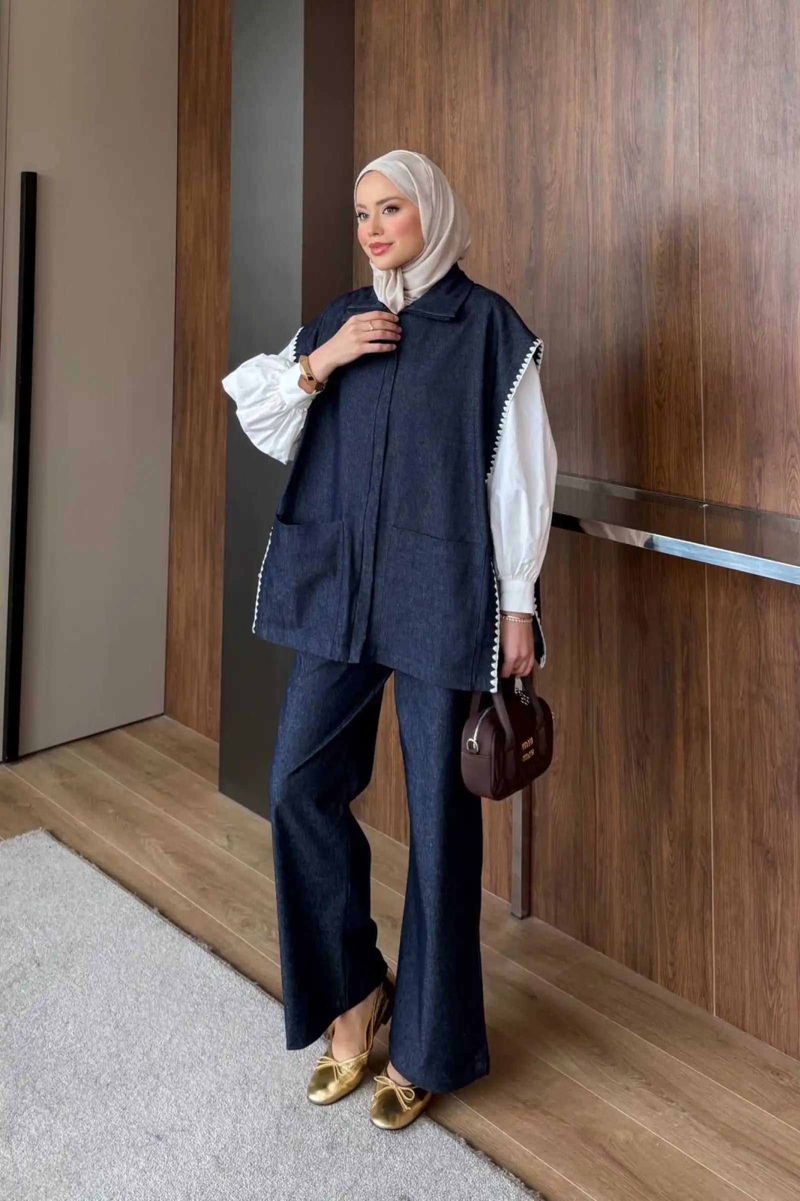 Lacivert Fermuar Detaylı Zikzak Nakışlı Denim İkili Takım