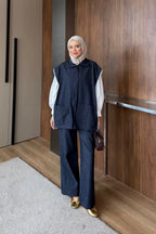 Lacivert Fermuar Detaylı Zikzak Nakışlı Denim İkili Takım