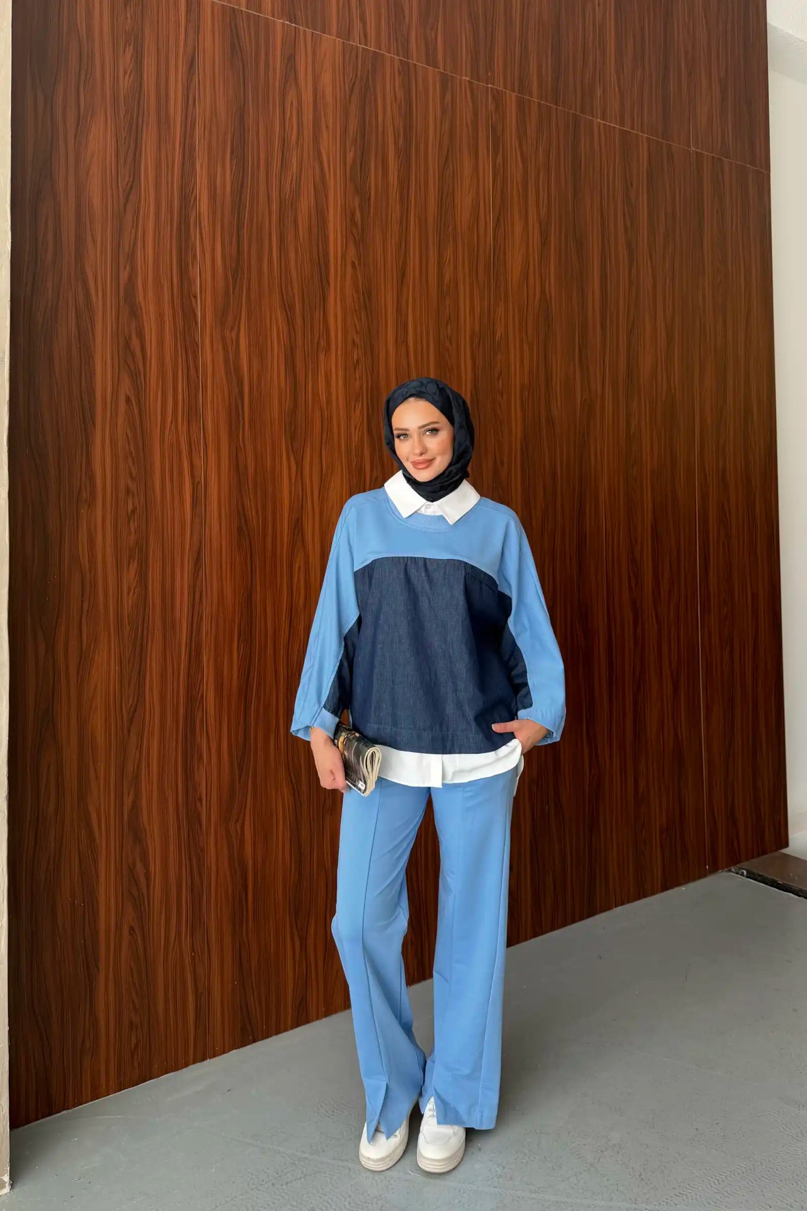 Mavi Gömlek Yakalı Denim Detaylı Takım Ürün ikincil görseli