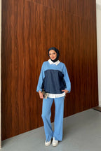 Mavi Gömlek Yakalı Denim Detaylı Takım