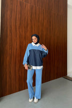 Mavi Gömlek Yakalı Denim Detaylı Takım