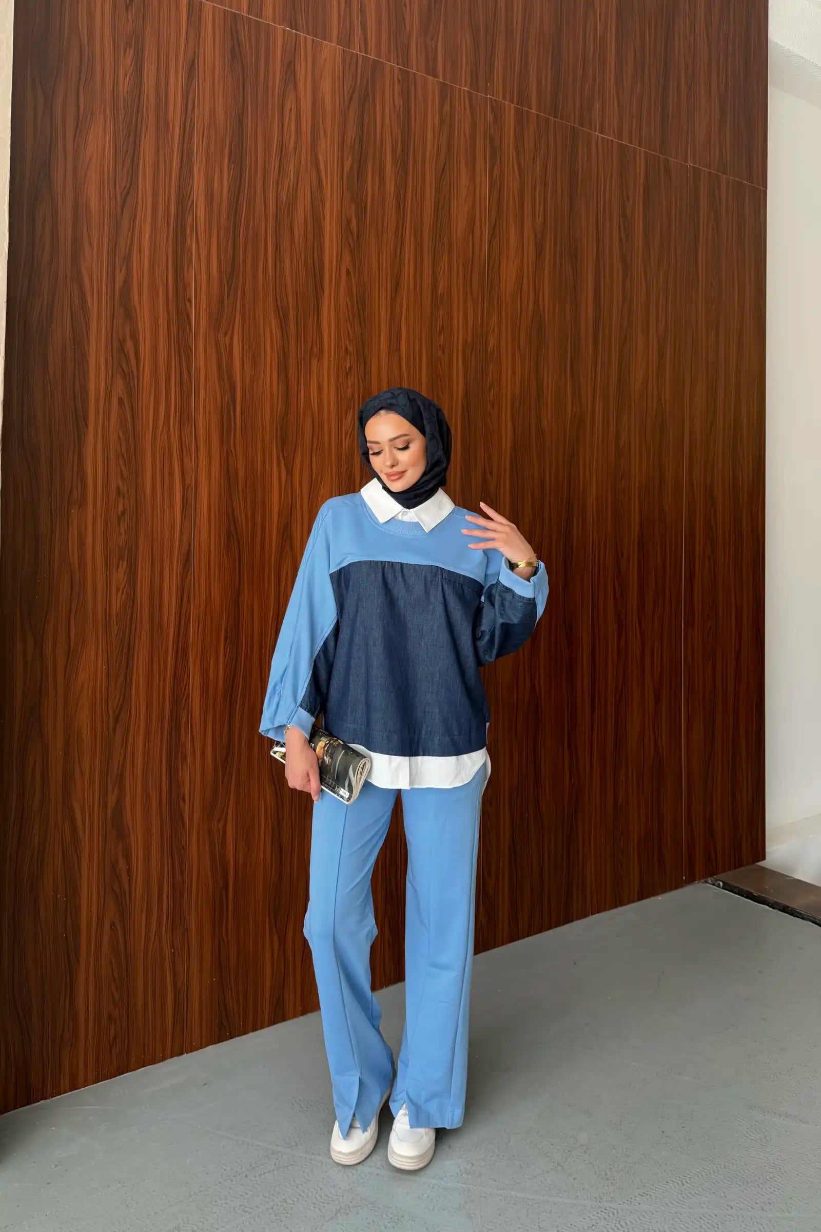Mavi Gömlek Yakalı Denim Detaylı Takım