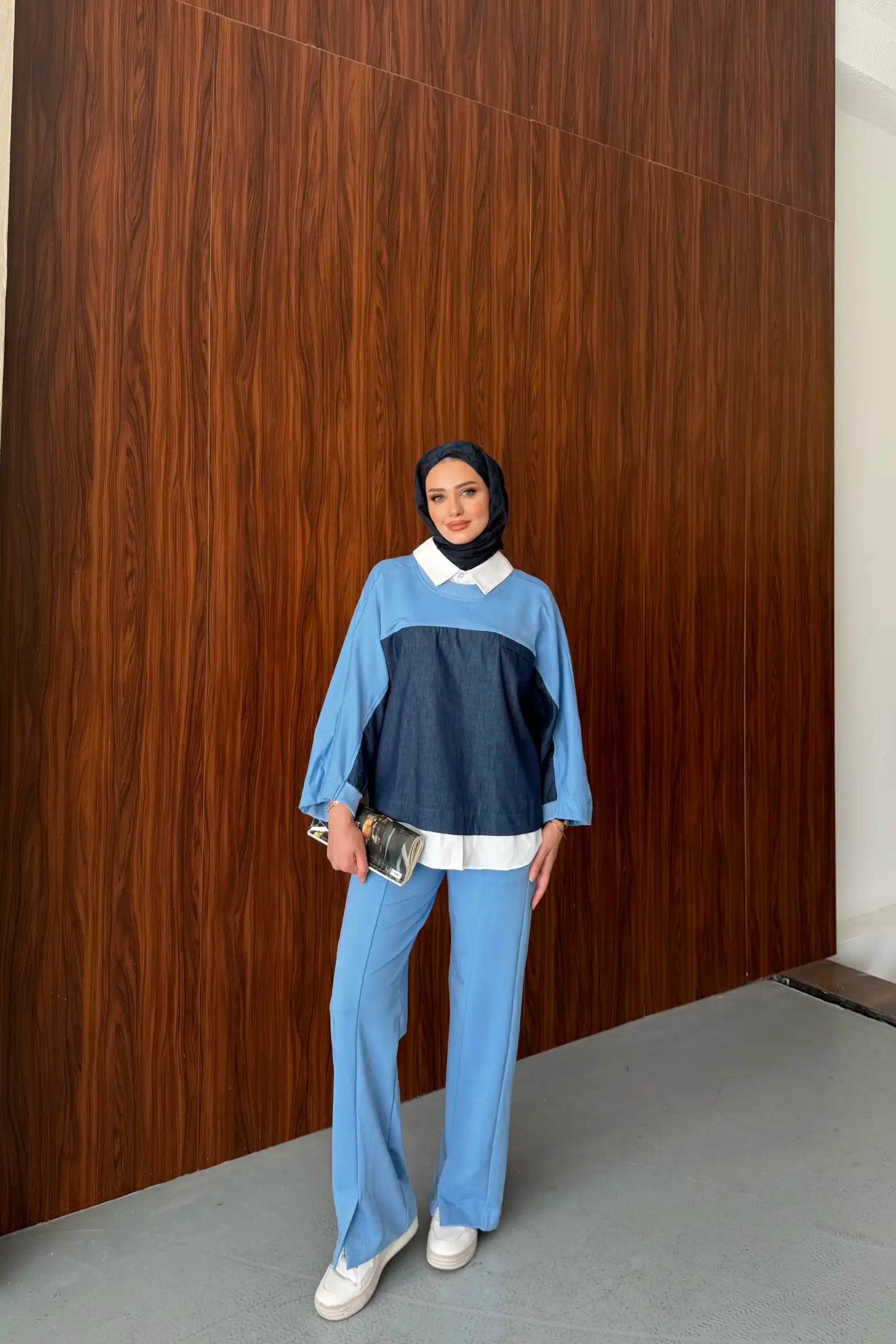Mavi Gömlek Yakalı Denim Detaylı Takım