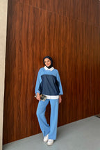 Mavi Gömlek Yakalı Denim Detaylı Takım
