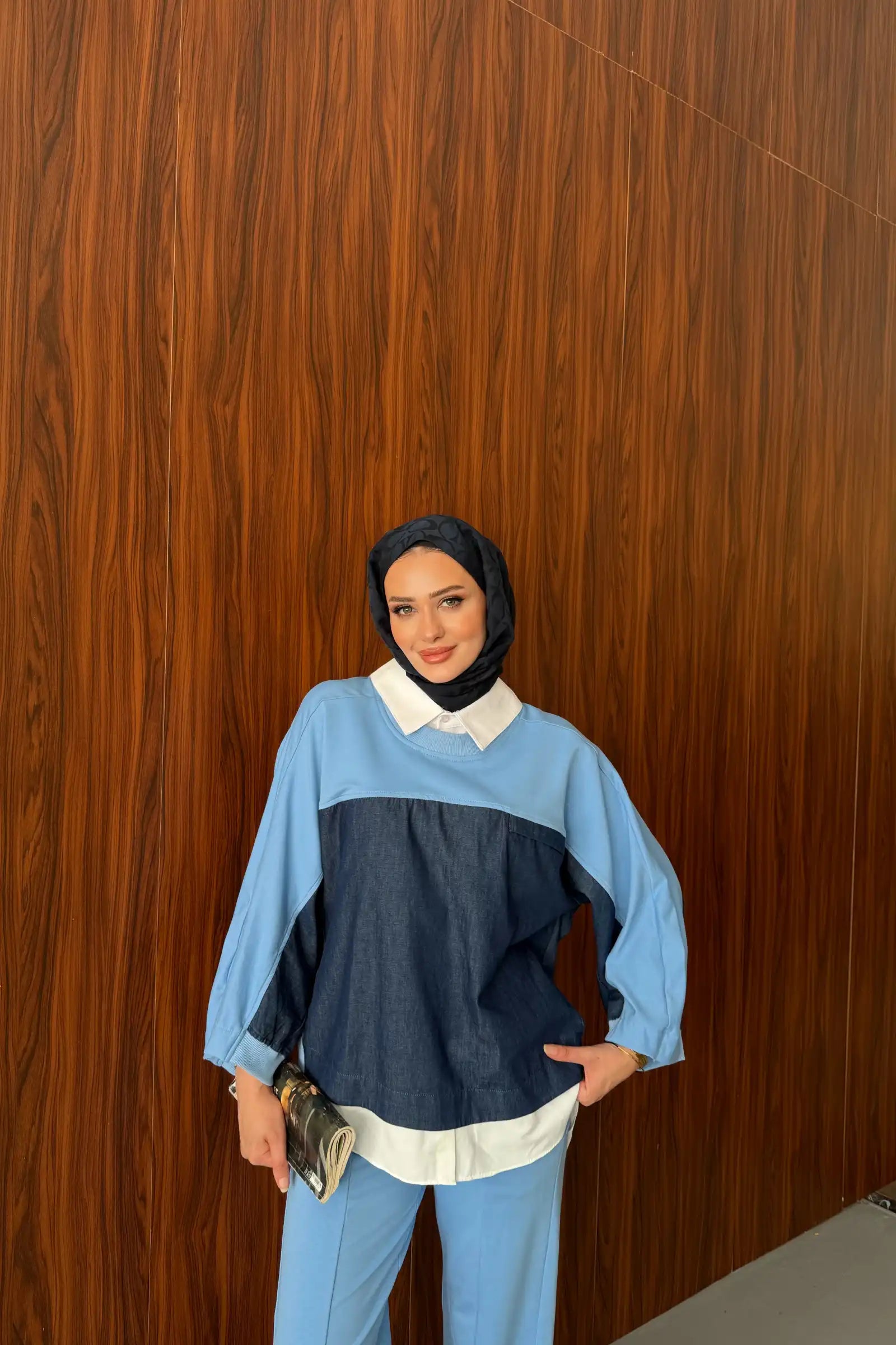 Mavi Gömlek Yakalı Denim Detaylı Takım