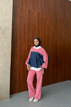 Pembe Gömlek Yakalı Denim Detaylı Takım