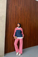 Pembe Gömlek Yakalı Denim Detaylı Takım