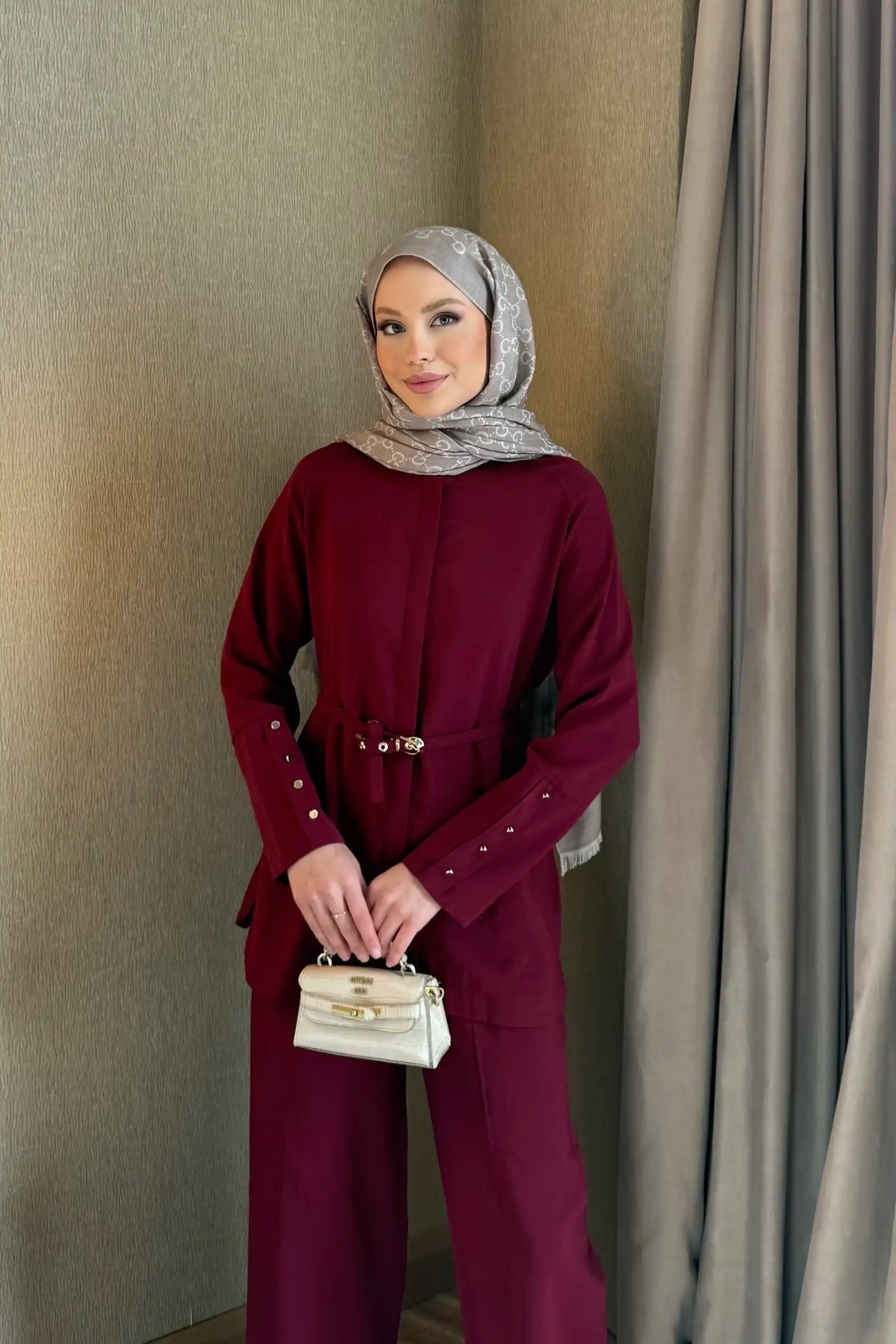 Bordo Kemer Detaylı Tunik Pantolon Takım Ürün ikincil görseli