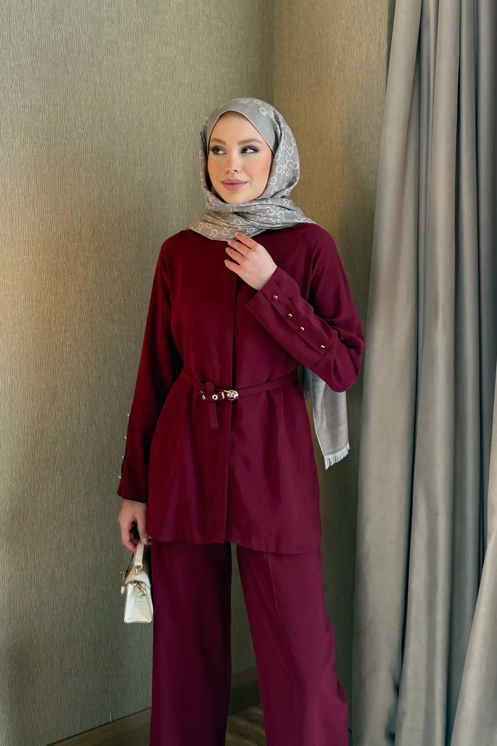 Bordo Kemer Detaylı Tunik Pantolon Takım
