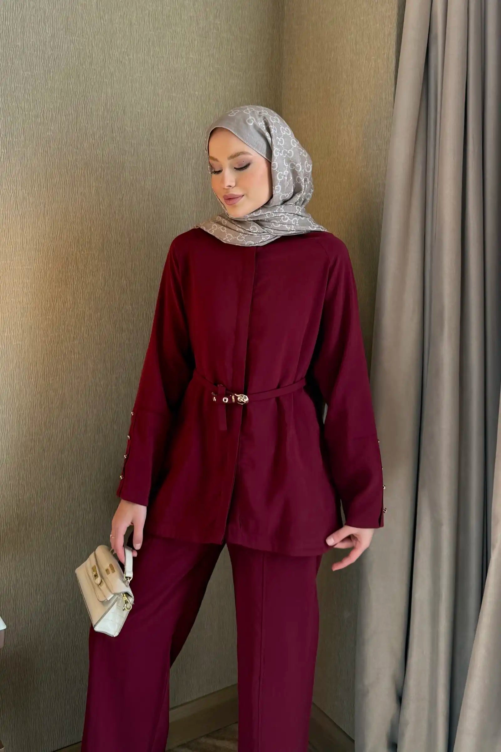 Bordo Kemer Detaylı Tunik Pantolon Takım