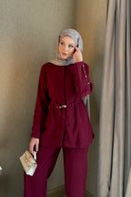 Bordo Kemer Detaylı Tunik Pantolon Takım