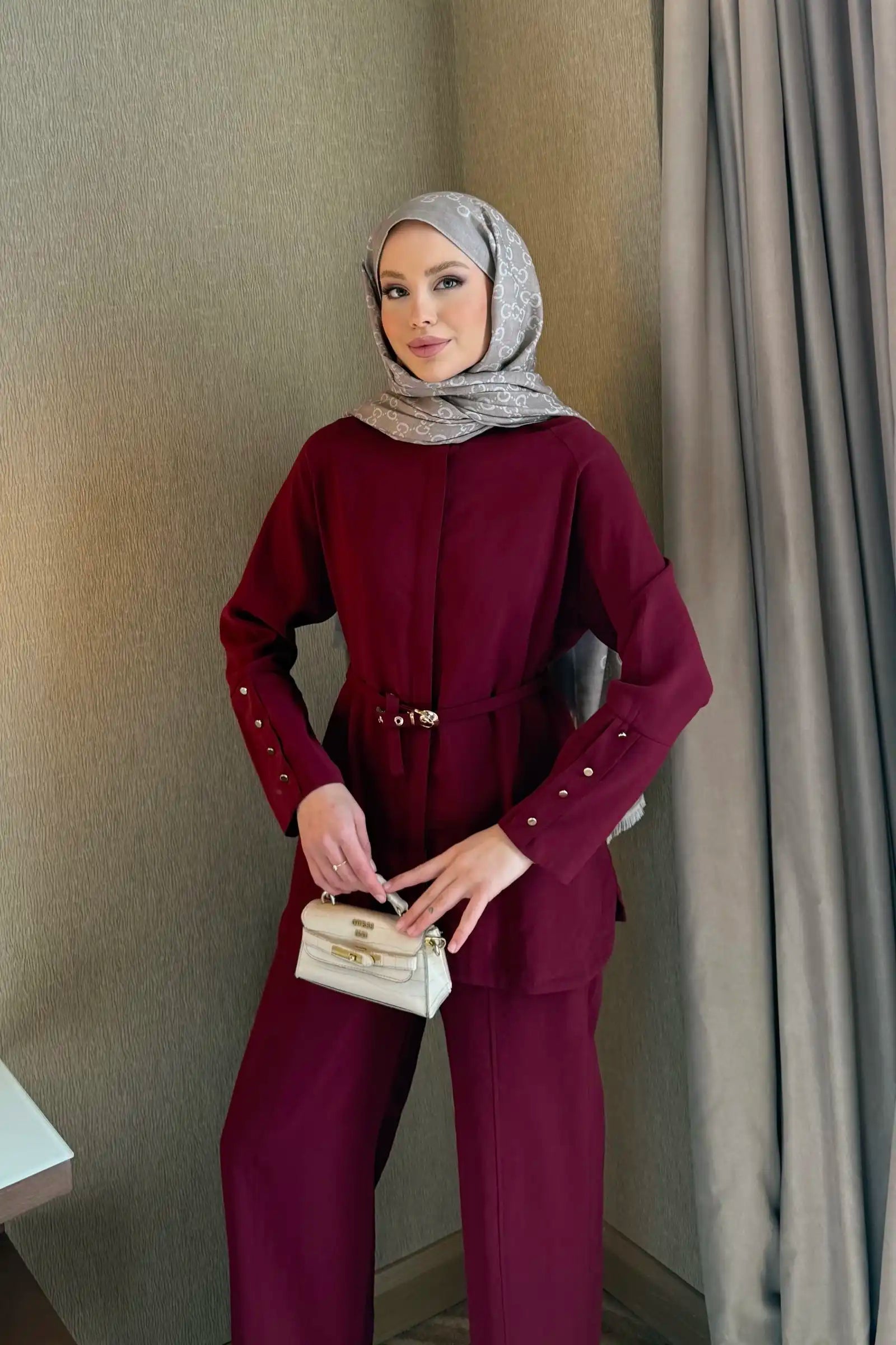 Bordo Kemer Detaylı Tunik Pantolon Takım